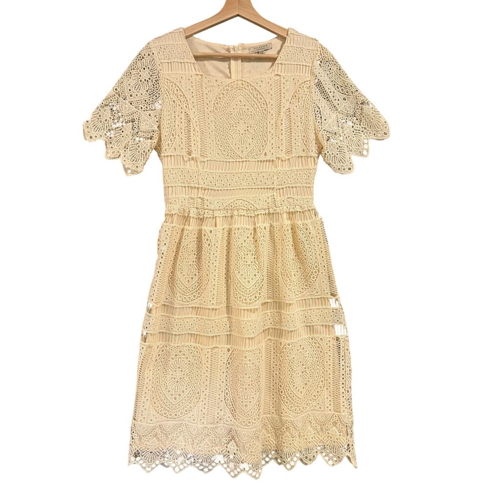 Polagram Lace Crochet Dress Modest Short Sleeve Scallop M Beige Cream Ecru